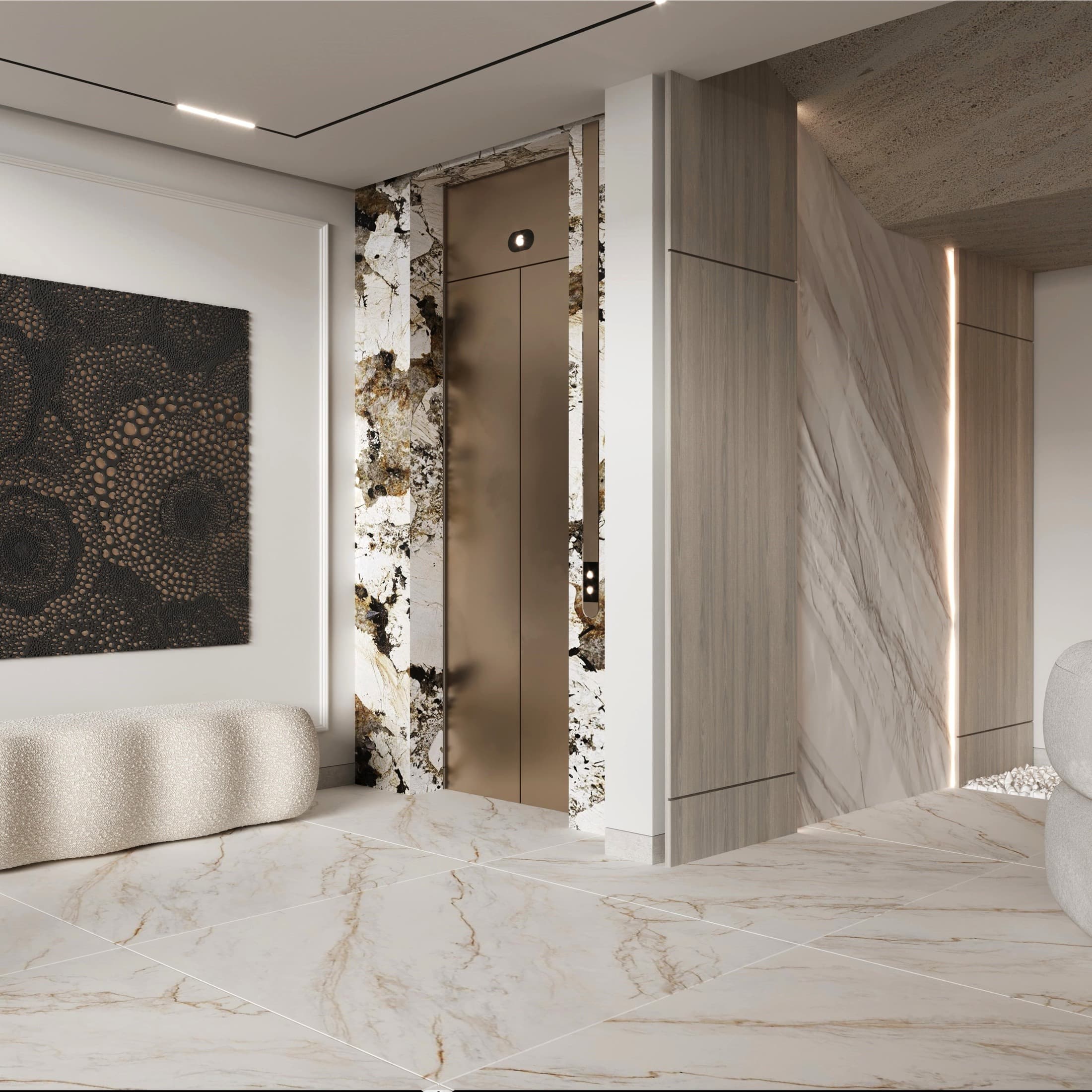 Lift lobby and stone wall