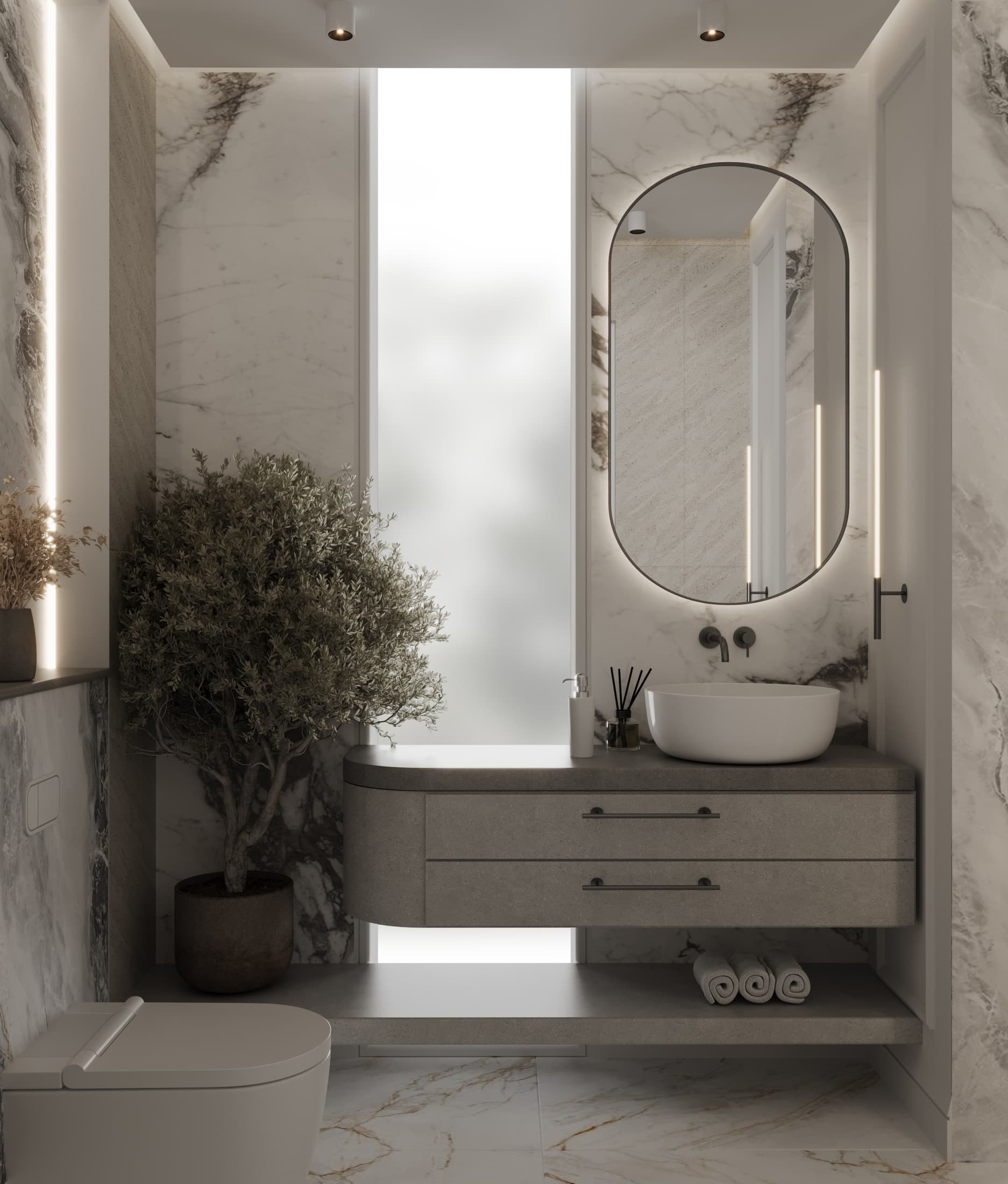 Floating vanity with arched mirror